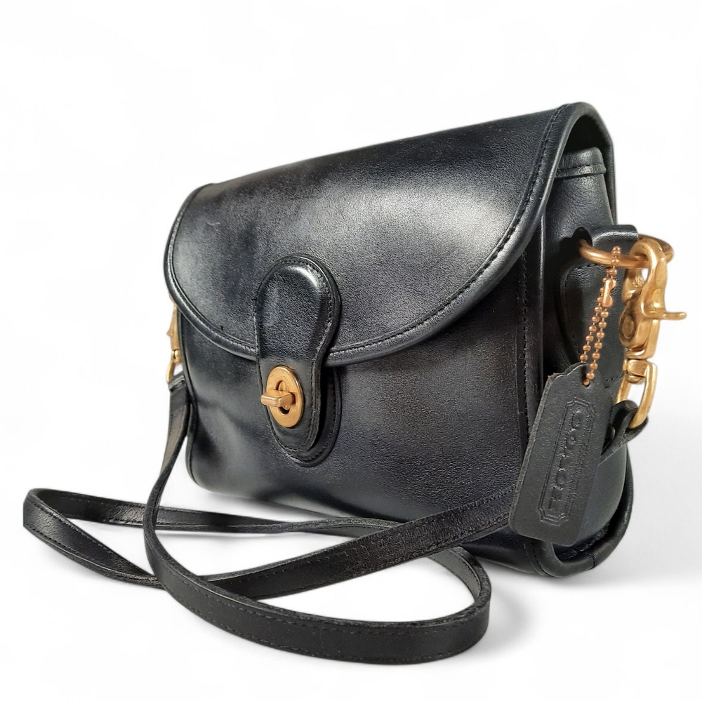 '95 COACH Turnlock Devon Glove Tanned Leather Shoulder Black Bag Vintage Vtg USA